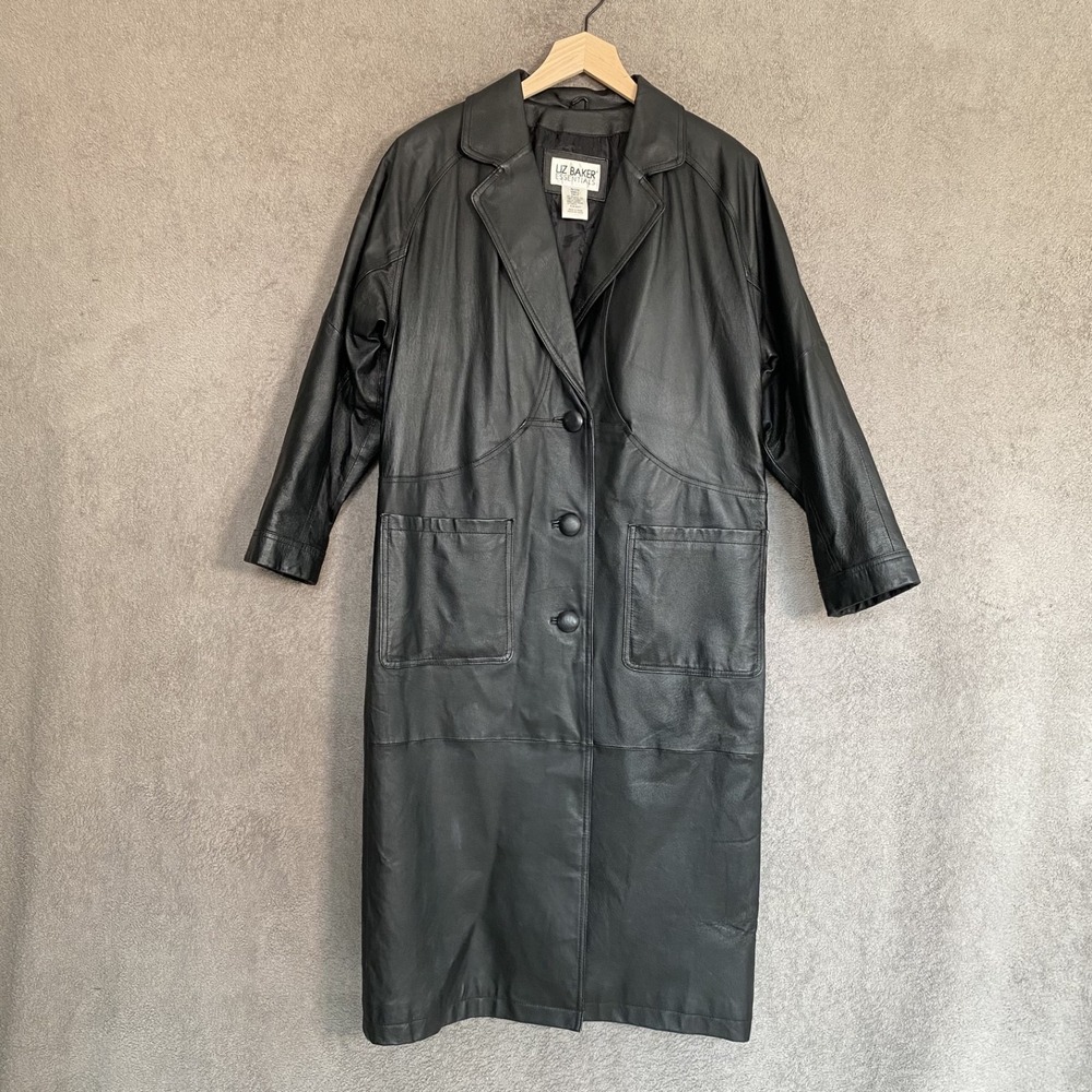 Vintage 90s Liz Baker Womens Genuine Leather Long Trench Coat Petite Small Black